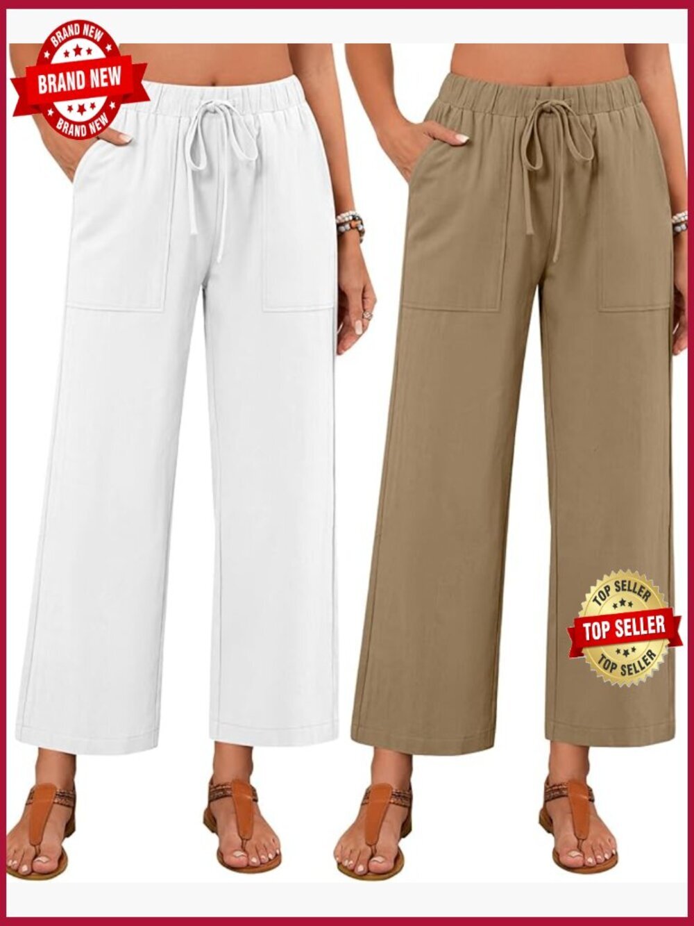 2 Pack Linen Pants with Pockets High Waisted Wide Leg Palazzo Trousers